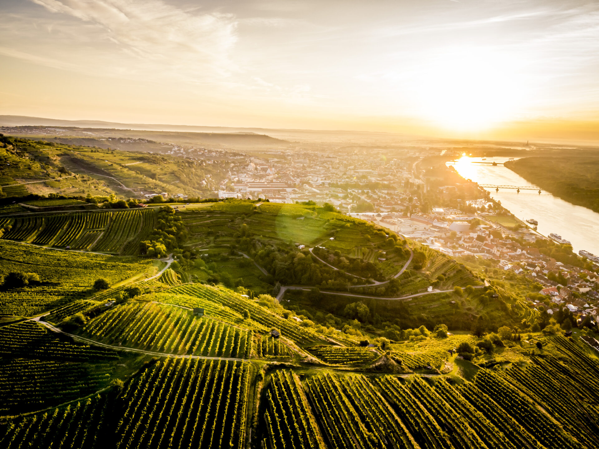 Die Sonne senkt sich über dem Kremstal und beleuchtet wunderschön die Donau zur Abendstunde