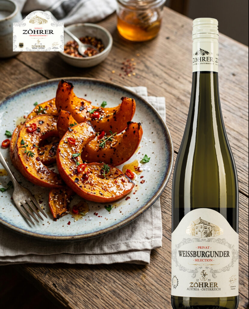 Ofengeröstete Hokkaido Kürbisspalten mit Chiliöl und einer Flasche Weissburgunder Private Selection vom Weingut Zöhrer