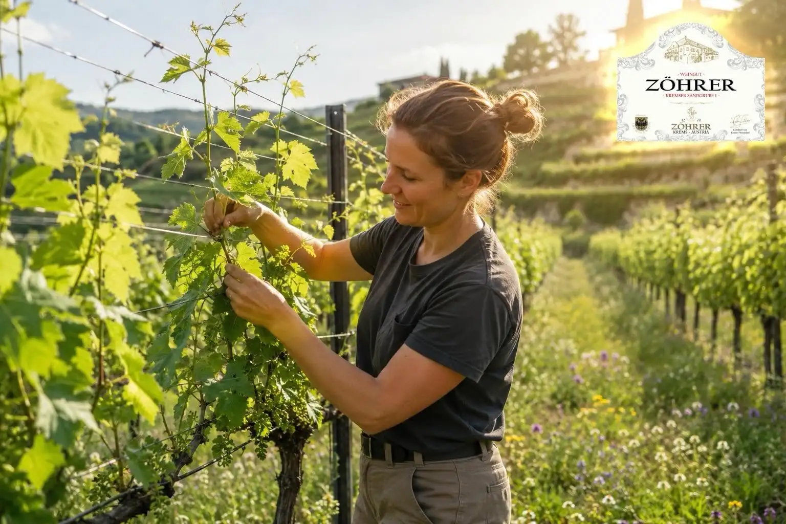 Winzerin bindet die Reben im Weingarten des Weinguts Zöhrer auf