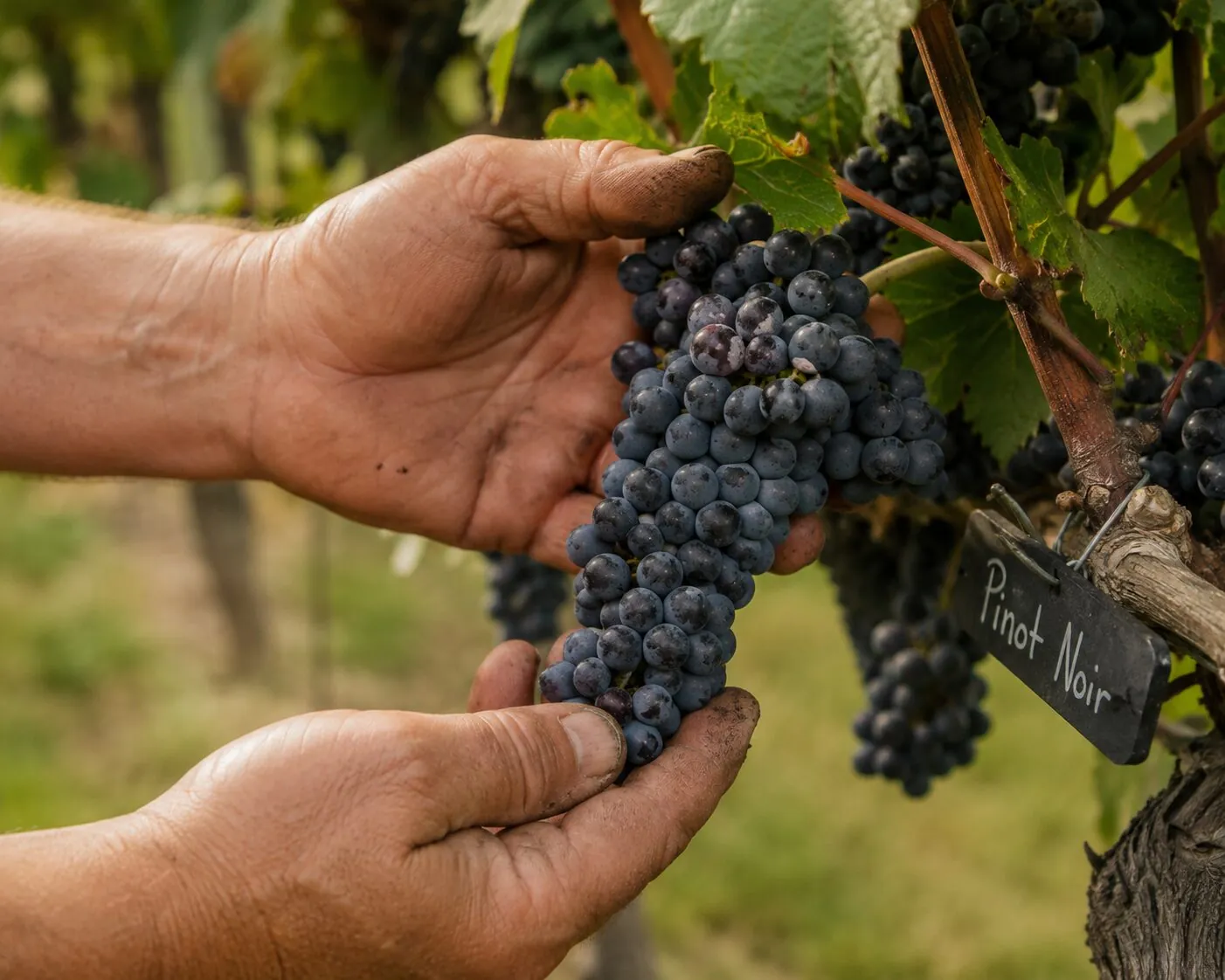 Hände halten eine reife Pinot-Noir-Traube am Rebstock