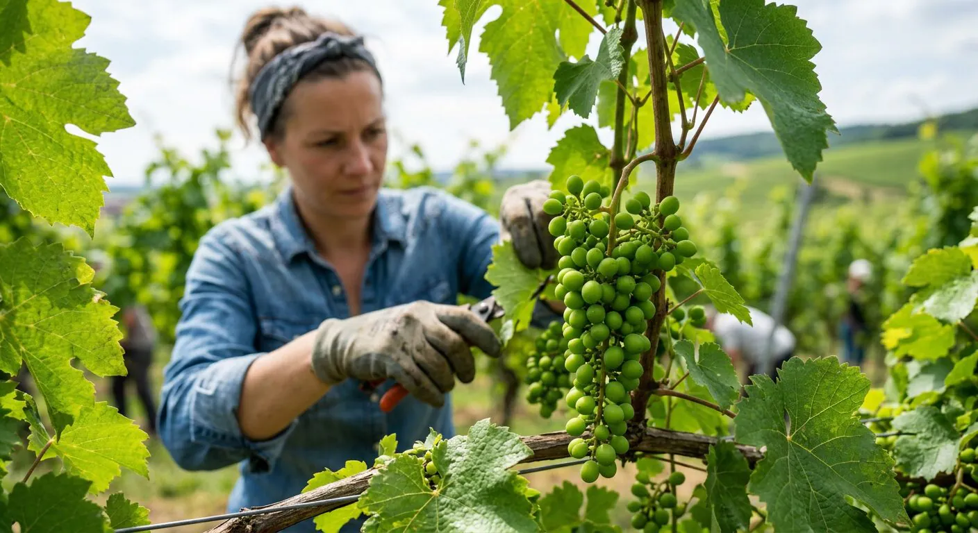 Makroaufnahme unreifer grüner Trauben am Rebstock