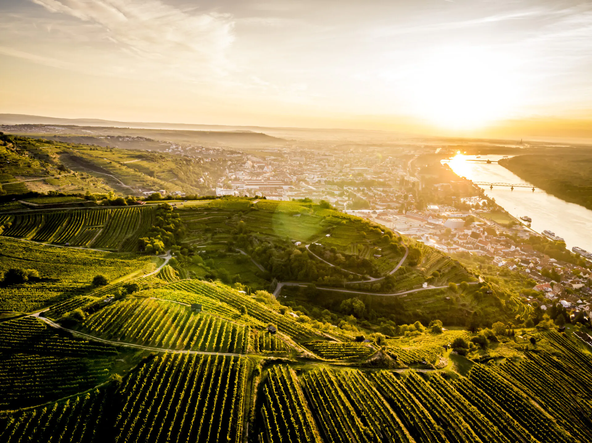 Die Sonne senkt sich über dem Kremstal und beleuchtet wunderschön die Donau zur Abendstunde